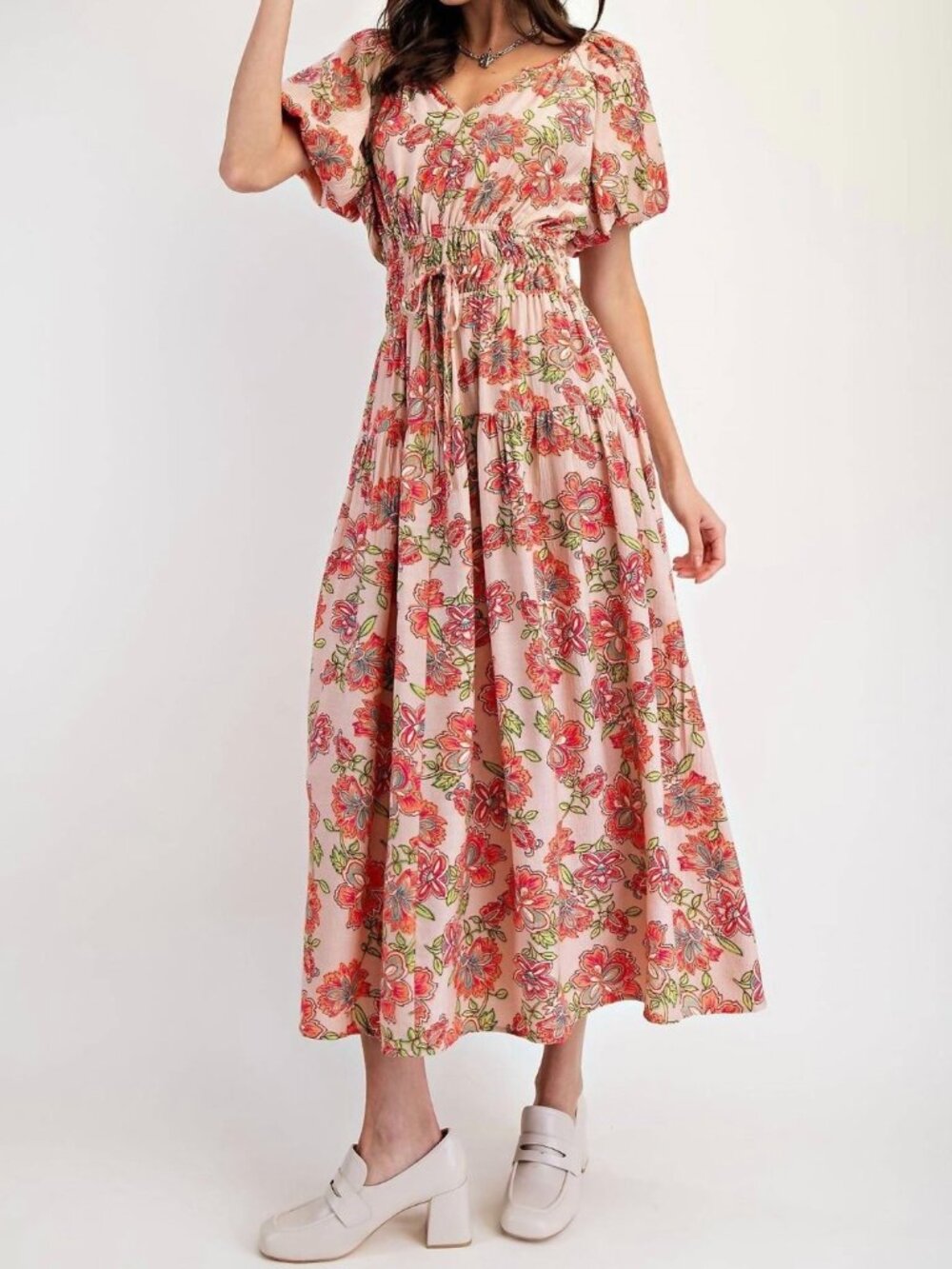 NWT LADIES SIZE S EASEL FUZZY PEACH PRINT BLOSSOM ELASTIC WAIST MAXI DRESS